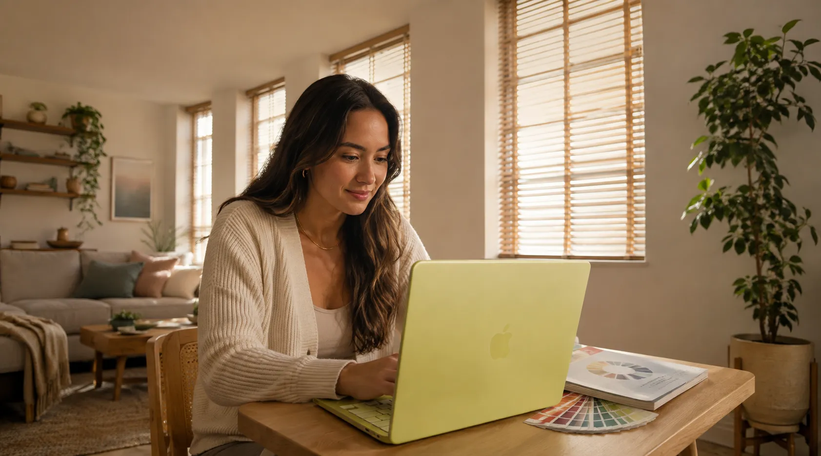 Cliente em casa, na mesa da sala, durante a videochamada do Mapeamento de Cores, com a cartela de cores aberta ao lado do notebook